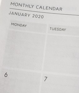 Closeup view of January 2020 page of a planner